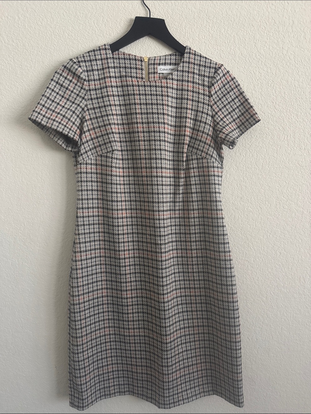 Calvin Klein Pink, Black & White Plaid Short Sleeve Sheath Dress